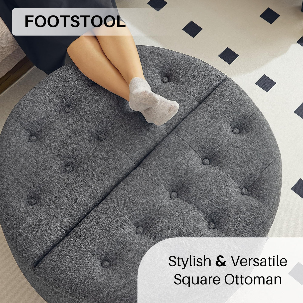 Redlife 35" Wide Round Ottoman with Storage, Storage Ottoman Coffee Table, Tufted Round Ottoman Coffee Table Linen Fabric Round Coffee Table Ottoman with Storage (Dark Grey) Redlifeᅟᅠ