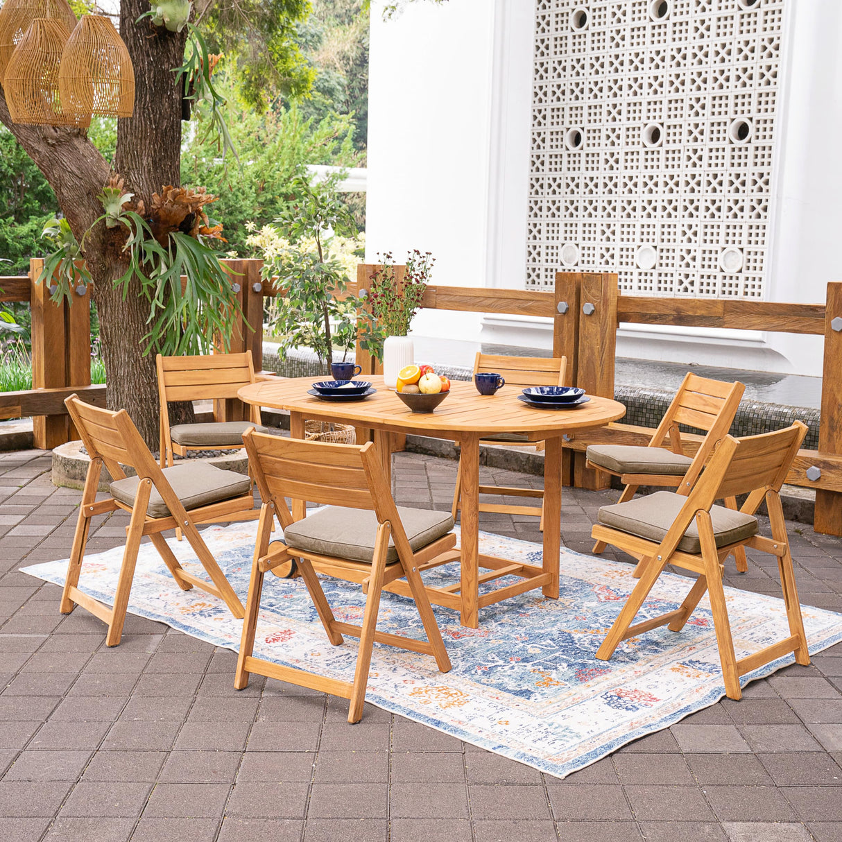 Cambridge Casual Miami Teak Wood Patio Dining Set with Cast Shale Cushion, Natural Teak/Cast Shale Cambridge Casual