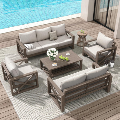 Amopatio Aluminum Patio Furniture Set, 8 Pieces Modern Metal Outdoor Furniture, Faux Wood Grain Finish Frame Patio Sofa Sets with 6" Cushion for Backyard, Beige (Included Waterproof Covers)