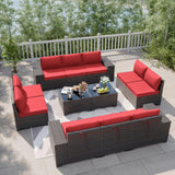 Kurapika 12 Pieces Patio Furniture Set, Rattan Wicker Outdoor Conversation Sets, Outdoor Furniture Sectional Sofa Set w/4 Inch Cushion and Glass Coffee Table(Red) Kurapika