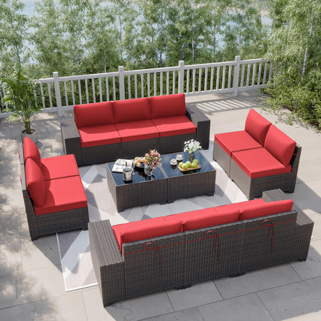 Kurapika 12 Pieces Patio Furniture Set, Rattan Wicker Outdoor Conversation Sets, Outdoor Furniture Sectional Sofa Set w/4 Inch Cushion and Glass Coffee Table(Red) Kurapika