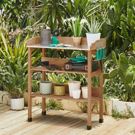 Yaheetech Outdoor Garden Potting Bench Table, Wooden Horticulture Planting Worstation w/Metal Tabletop/Storage Shelf/3 Hooks, Brown Yaheetech