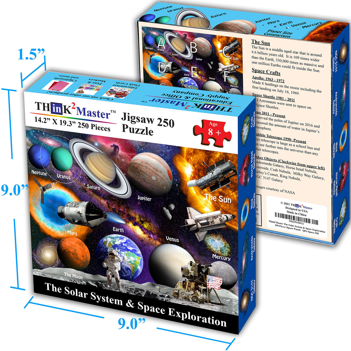 Think2Master Solar System & Space Exploration 250 Pieces Jigsaw Puzzle Fun Educational Toy for Kids 6-8 8-10 10-12, School & Families. Great Gift for Boys & Girls Ages 8+ for Learning. 14.2” X 19.3” THINK2MASTER
