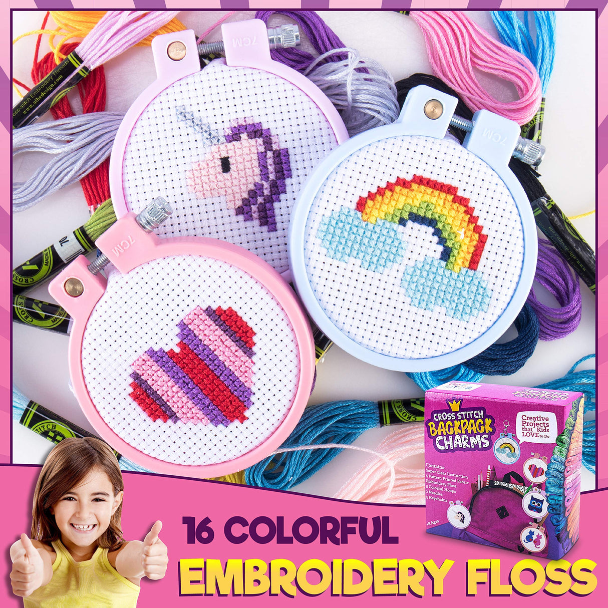 Cross Stitch Kits for Beginners. 5 Stamped Cross Stitch Kits for Kids.Needlepoint Kits for Beginners. Embroidery Kit for Kids. Crossstitch Kit for Beginners. Girls Cross Stitch kit Backpack Charms CRAFTILOO