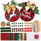Caydo 12 Pack Christmas Ornament DIY Craft Kit Includes 3 Inch Bamboo Embroidery Hoops, Christmas Plaid Fabric, Mini Pine Cones, Artificial Pine Needle and Small Berries for Christmas DIY Decor Caydo