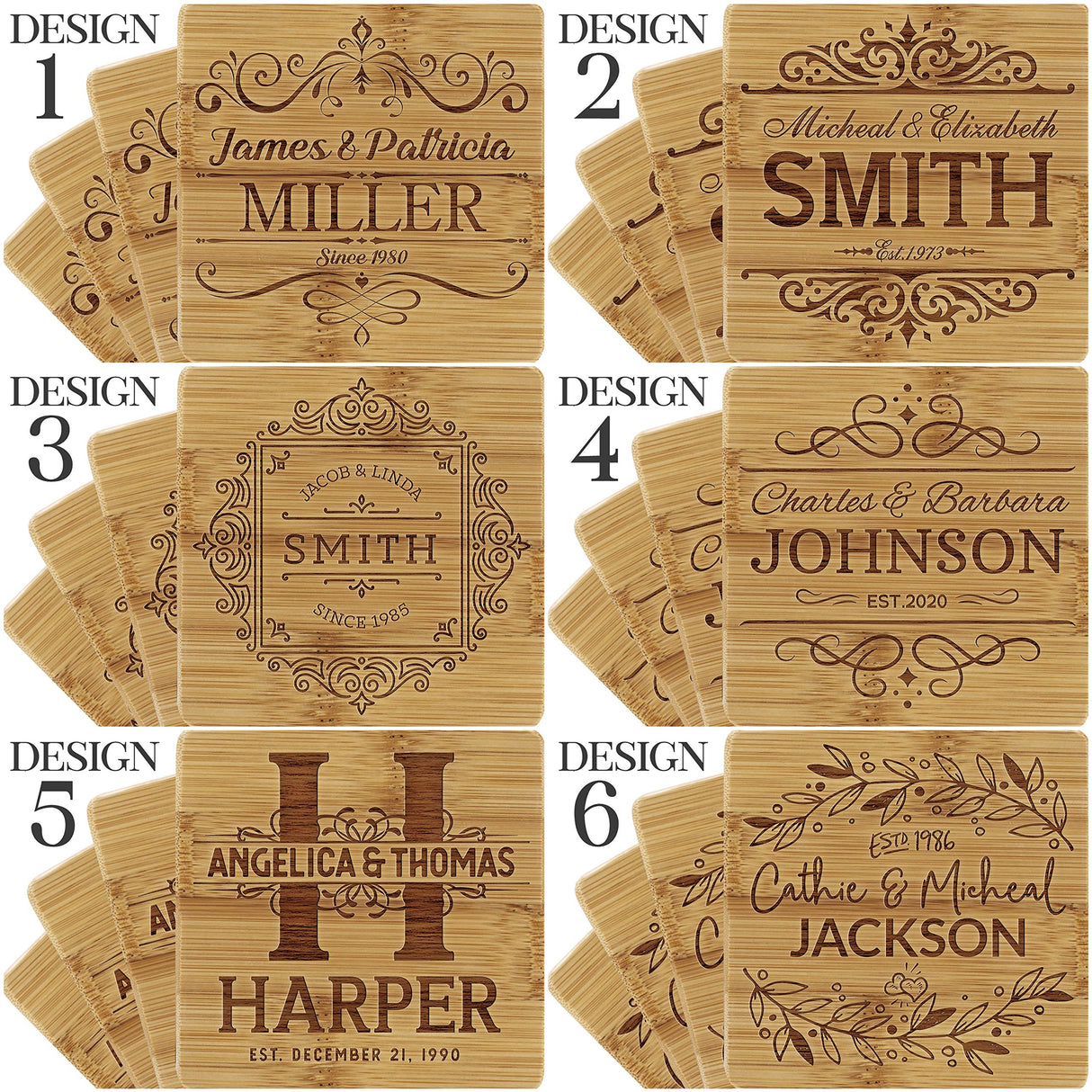 Set of 4 - Personalized Coasters w/Holder - 6 Designs - Custom Laser Engraved Bamboo Coasters - Wedding Gifts for The Couples, Anniversary, Engagement USA Custom Gifts