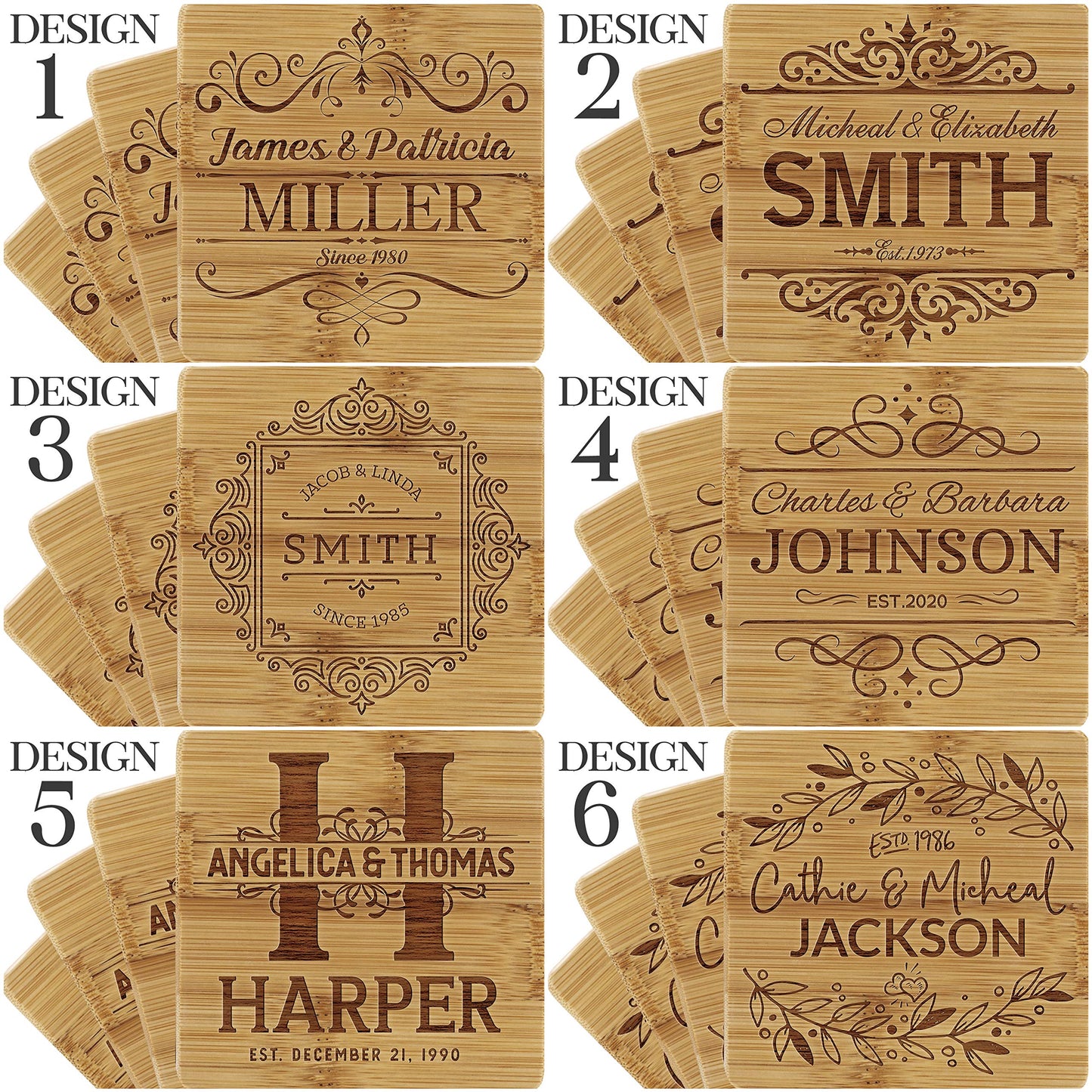 Set of 4 - Personalized Coasters w/Holder - 6 Designs - Custom Laser Engraved Bamboo Coasters - Wedding Gifts for The Couples, Anniversary, Engagement - WoodArtSupply