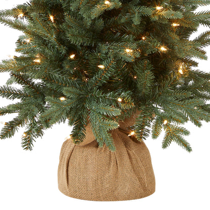 National Tree Company Pre-lit Artificial Mini Christmas Tree | Includes Small Lights and Cloth Bag Base | for Tabletop or Desk | Burlap-4 ft, 4', Green