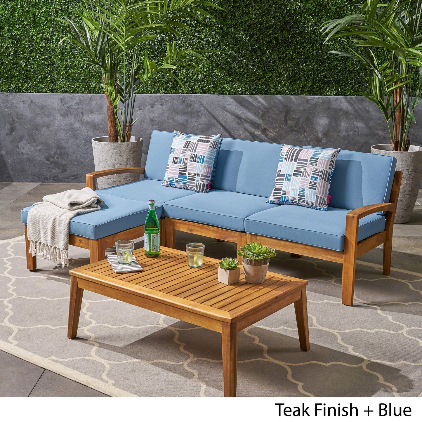 Christopher Knight Home Grenada Sectional Sofa Set | 5-Piece 3-Seater | Includes Coffee Table and Ottoman | Acacia Wood Frame | Water-Resistant Cushions | Teak and Blue, Finish - WoodArtSupply