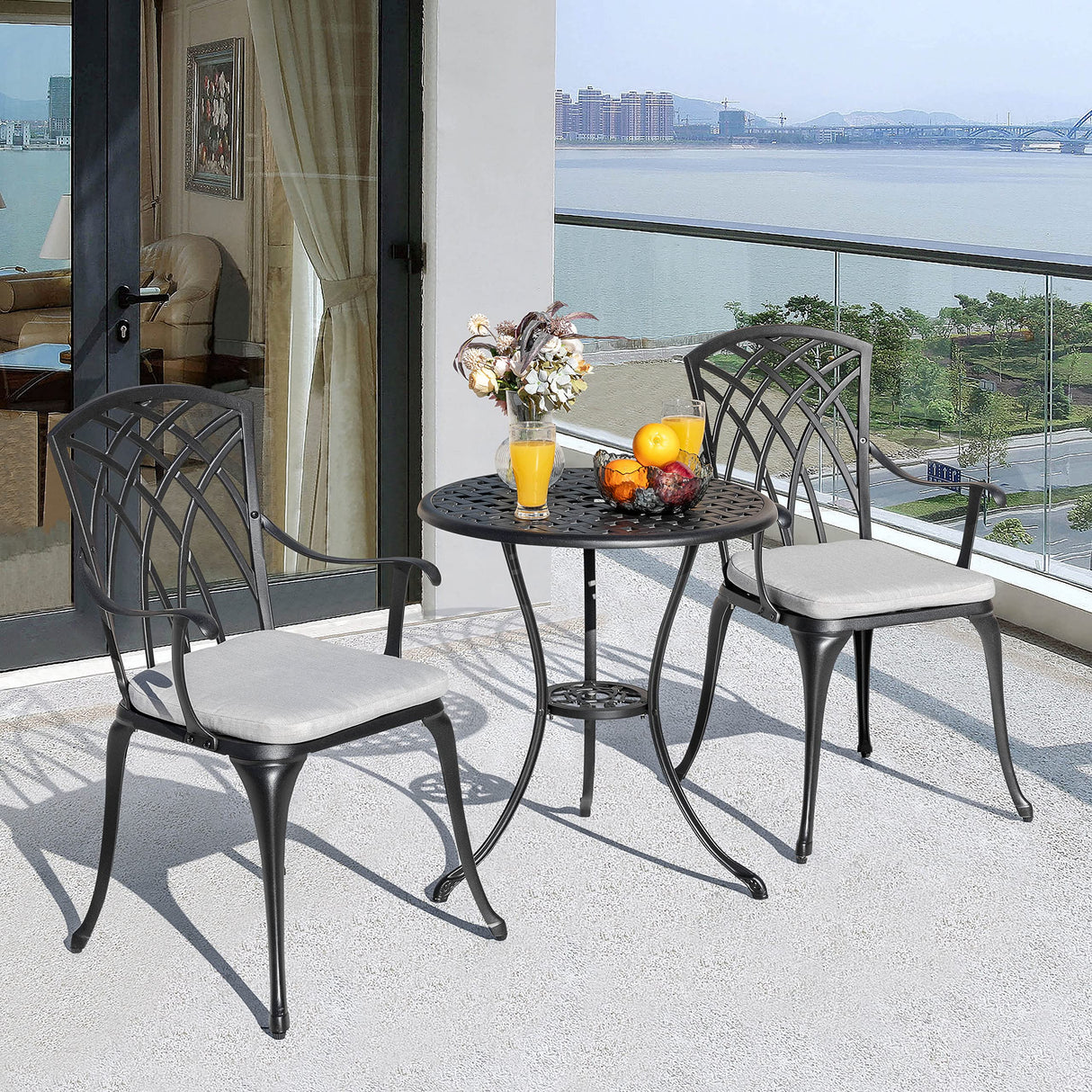 NUU GARDEN Bistro Set 3 Piece Outdoor Cast Aluminum Patio Bistro Set Patio Table and Chairs Set of 2 with Umbrella Hole and Gray Cushions, Black NUU GARDEN