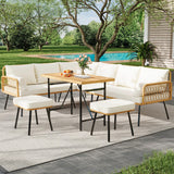 Senfot 6 Pieces Outdoor Patio Furniture Set with Table, All-Weather Boho Wicker Rattan Patio Sectional L-Shaped Sofa, Metal Frame, Detachable Cushions, for Patio, Balcony, Backyard, Deck, Beige Senfot