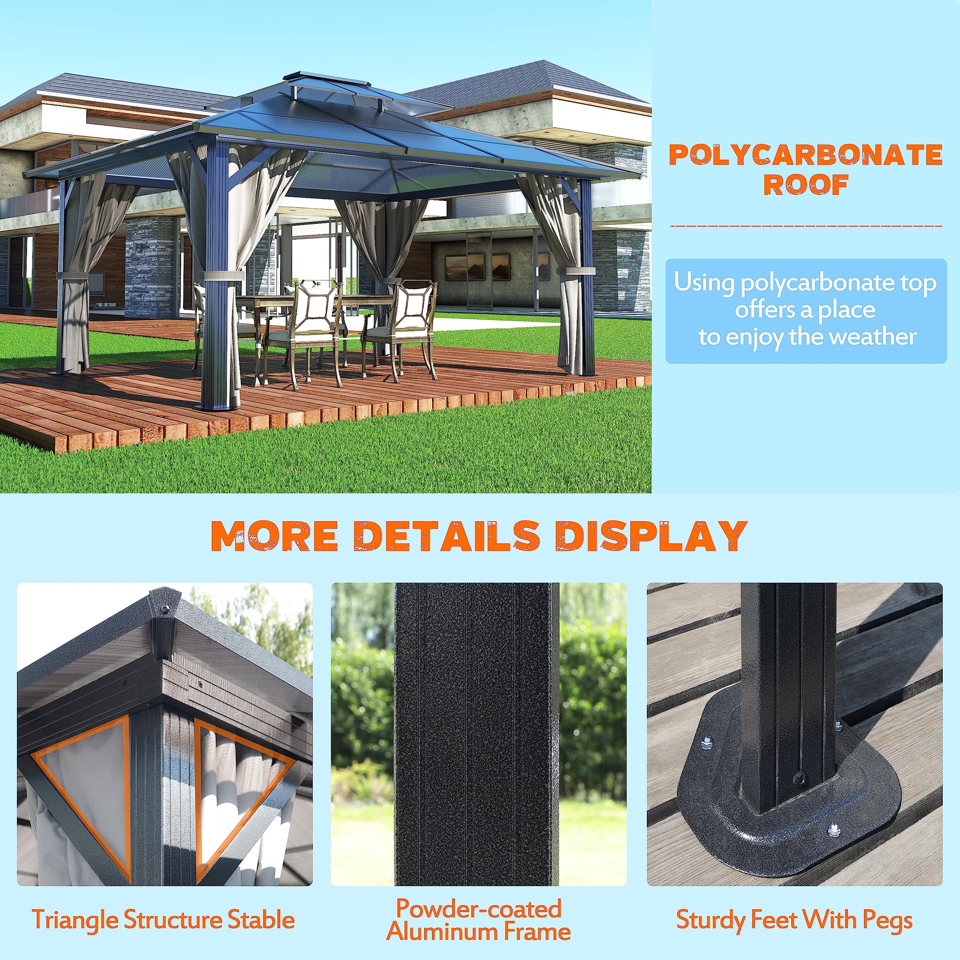 MUPATER Outdoor 10' x 13' Polycarbonate Hardtop Gazebo with Aluminum Frame, Double Roof Canopy, Netting and Curtainsfor Patios, Deck, Lawns, Gardens and Pools - WoodArtSupply