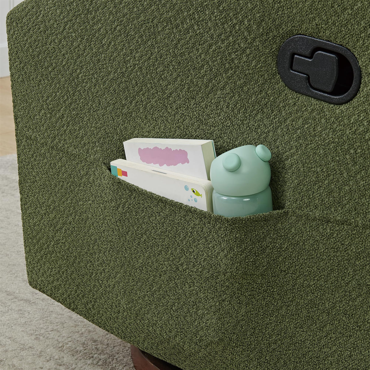 KISLOT Upholstered Recliner Swivel Glider Nursery Chair Reclining Performance Fabric Rocker with Wood Base,Boucle,Moss Green KISLOT