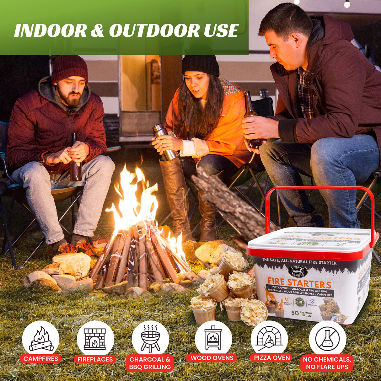 Superior Trading Fire Starter Pods in Plastic Bucket - Fire Starters for Campfires, BBQ, Grill, Pit, Wood Stove & Charcoal Starter, 15-20-Min Burn, 50 Extra Large Pods, USA Made, Brown, 3 Lbs Superior Trading Co.