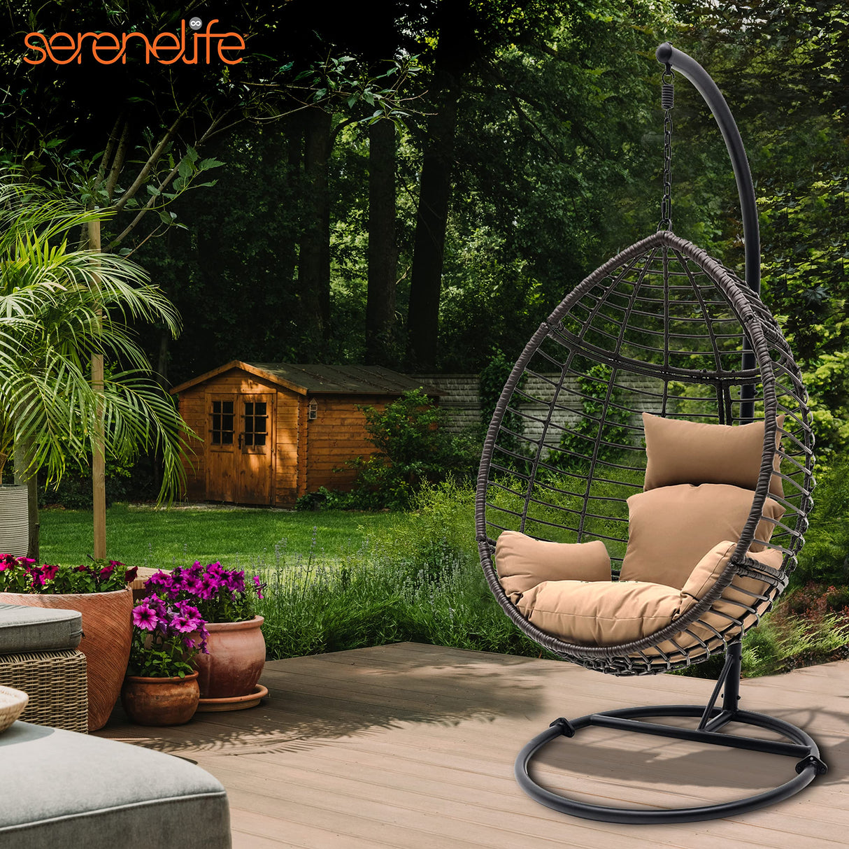Hanging Egg Chair with Stand - Indoor Outdoor Patio Wicker Rattan Lounge Chair with Stand, Steel Frame, Washable Cushions for Garden Backyard Deck Sunroom - SereneLife SLGZ0EGBR.3 (Brown) SereneLife