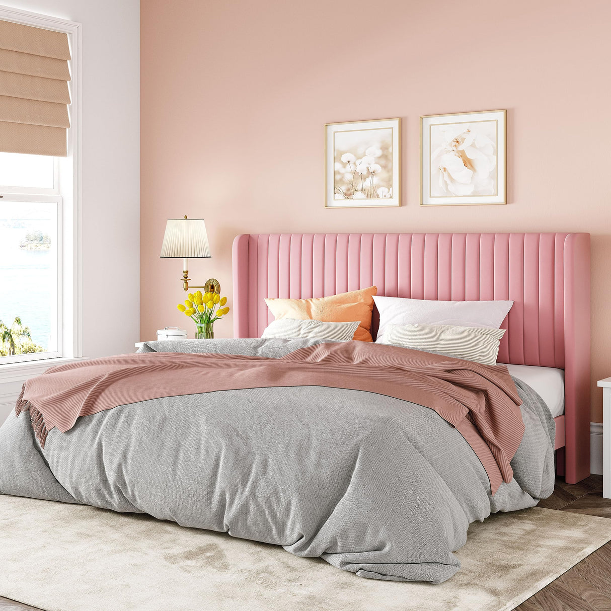 Allewie King Size Velvet Bed Frame/Vertical Channel Tufted Wingback Headboard/Upholstered Platform Bed/Strong Wooden Slats/No Box Spring Needed/Easy Assembly/Pink Allewie