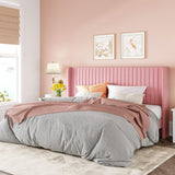 Allewie King Size Velvet Bed Frame/Vertical Channel Tufted Wingback Headboard/Upholstered Platform Bed/Strong Wooden Slats/No Box Spring Needed/Easy Assembly/Pink Allewie