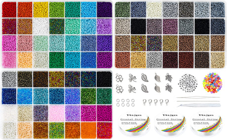 Ybxjges 42000Pcs 2mm Glass Seed Beads 12/0 Small Tiny Beads Kit with 150Pcs Alphabet Letter Beads Pendants Charms Jump Ring Elastic String for DIY Bracelets Necklace Jewelry Making Supplies Ybxjges