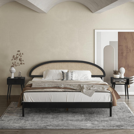 NTC Gem Wooden Bed Frame with Headboard and Natural Rattan, Solid Oak Foundation with Silent Slats, 1000 Lb Capacity, Effortless Assembly, King - Burnt Black NTC