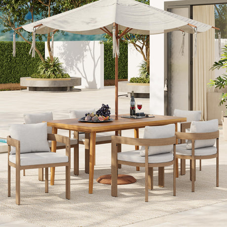 Christopher Knight Home Elko Acacia Wood Outdoor Dining Set for 6, Wooden 7 Piece Patio Dining Table Set, Outdoor Metal Dining Chair and Table Set with Cushion, Patio Furniture Set, Teak+Light Gray Christopher Knight Home