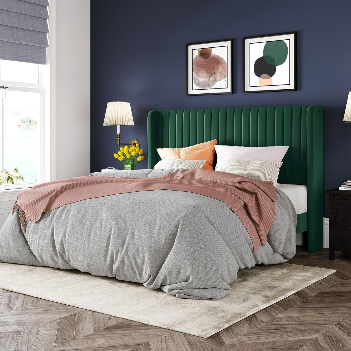 Allewie Queen Size Bed Frame/Velvet Upholstered Platform Bed/Vertical Channel Tufted Wingback Headboard/Strong Wooden Slats/No Box Spring Needed/Easy Assembly/Green Allewie