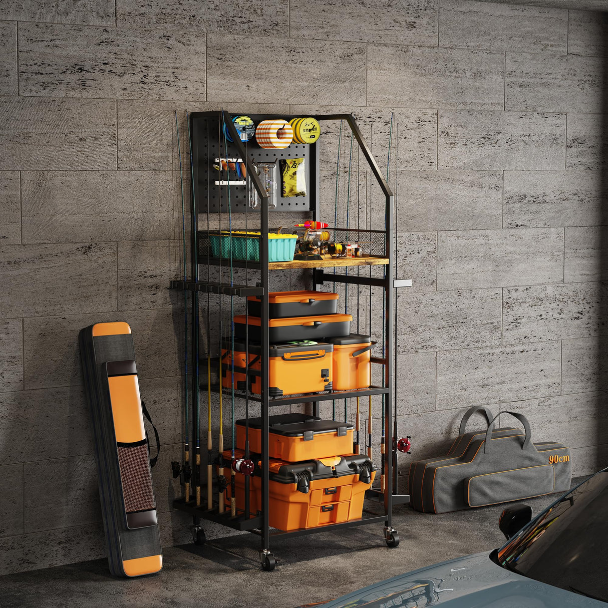 AQNTQCN Fishing Rod Holders for Garage, Fishing Pole Holders, 3-Tier Fishing Pole Rack Holds 12 Rods with Wheels for Garage, Basement or Indoor, For Fishing Rod Tackle Box Storage AQNTQCN