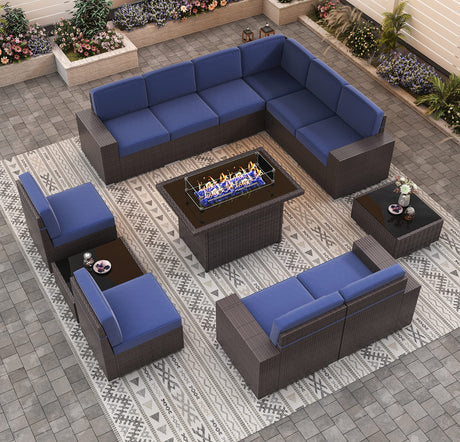 KHOLH 13 Pieces Patio Furniture Conversation Sofa Set with 44" Propane Gas Fire Pit Table, Outdoor Sectional Rattan Wicker Sofa Set KHOLH
