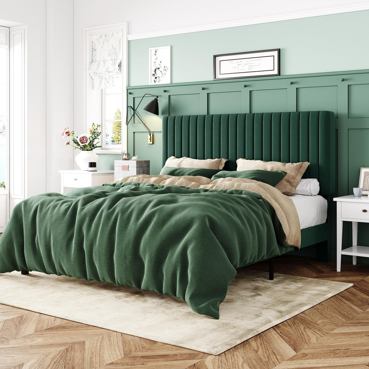 Allewie Full Bed Frame, Velvet Upholstered Platform Bed with Adjustable Vertical Channel Tufted Headboard, Mattress Foundation with Strong Wooden Slats, Box Spring Optional, Easy Assembly, Green Allewie