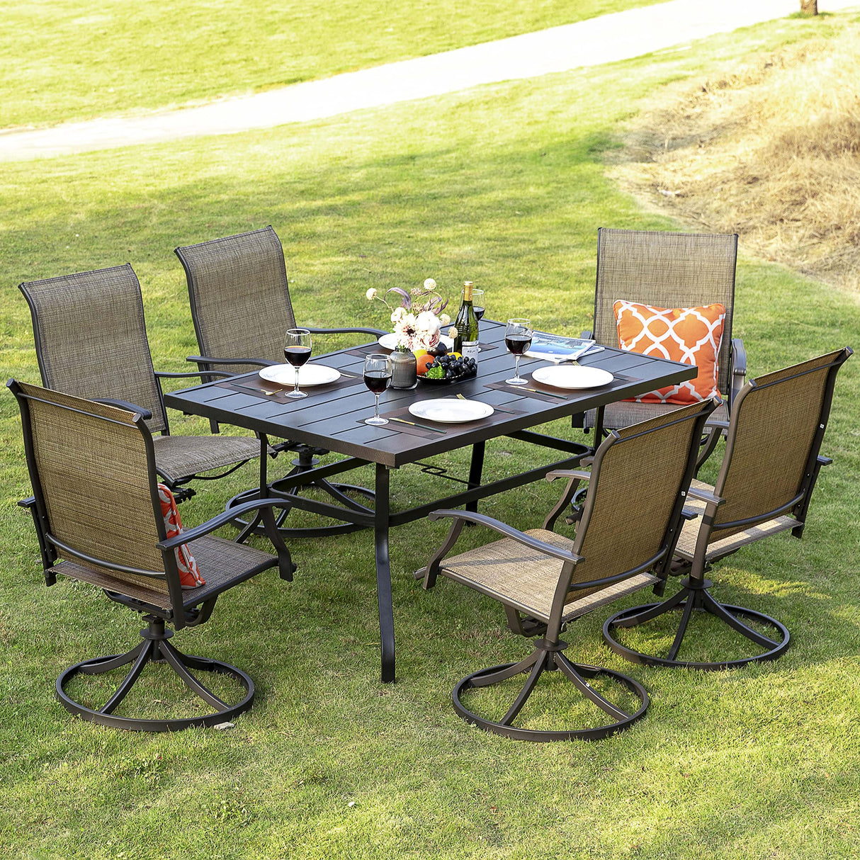 NUU GARDEN 7 Piece Outdoor Dining Set, 6 Swivel Patio Chairs and 1 Dining Table with 1.57 Inch Umbrella Hole, Iron Patio Furniture Set for Lawn Backyard Balcony, Black and Brown NUU GARDEN