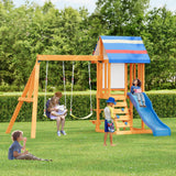 Playground Outdoor 3 in 1 Swing Sets with Slide, 2 Swings and Climber, Wood Outdoor Playset for Garden, Backyard and Playground (Blue) Flieks
