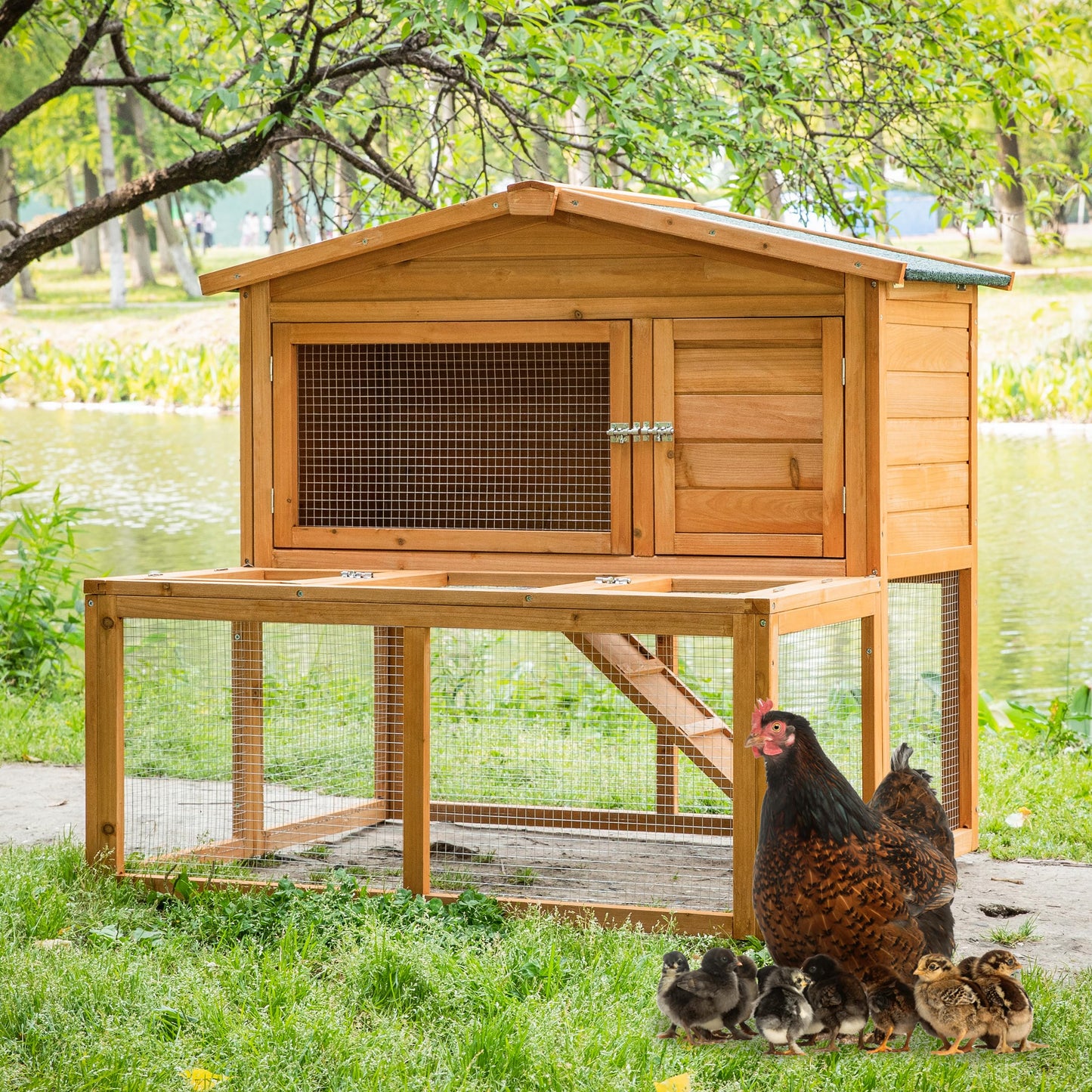 TAKUKA Outdoor Mobile Wooden Chicken Coop with Run， Small Animals Rabbit Hutch with Nest Box, 2 Story Duck Cage Hutch with Weatherproof for Backyard (43W*38D*39H)