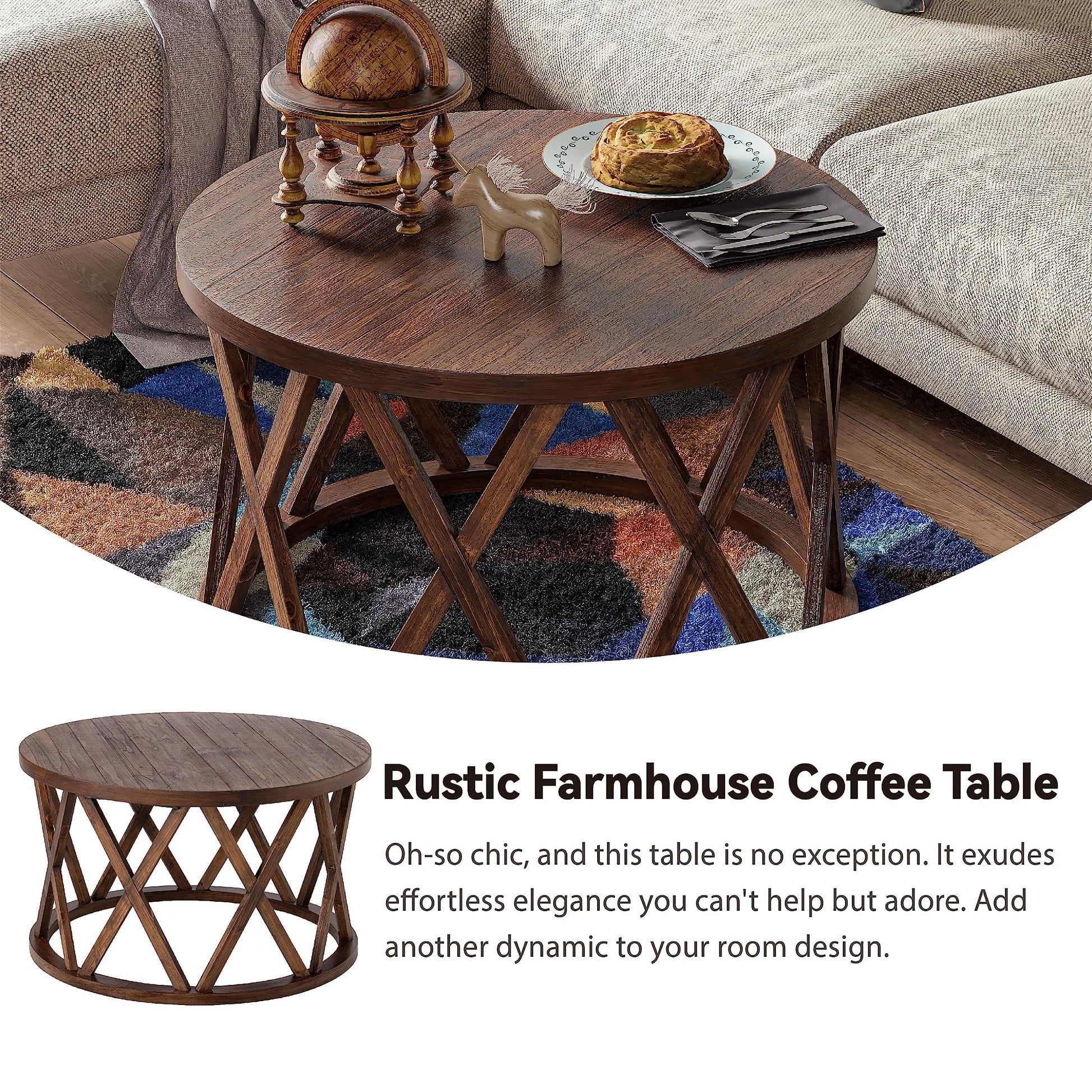 COZAYH Rustic Farmhouse Coffee Table, Round Coffee Table with X-Motifs Legs, Wood Textured Top, for Boho, French Country Decor, Brown - WoodArtSupply