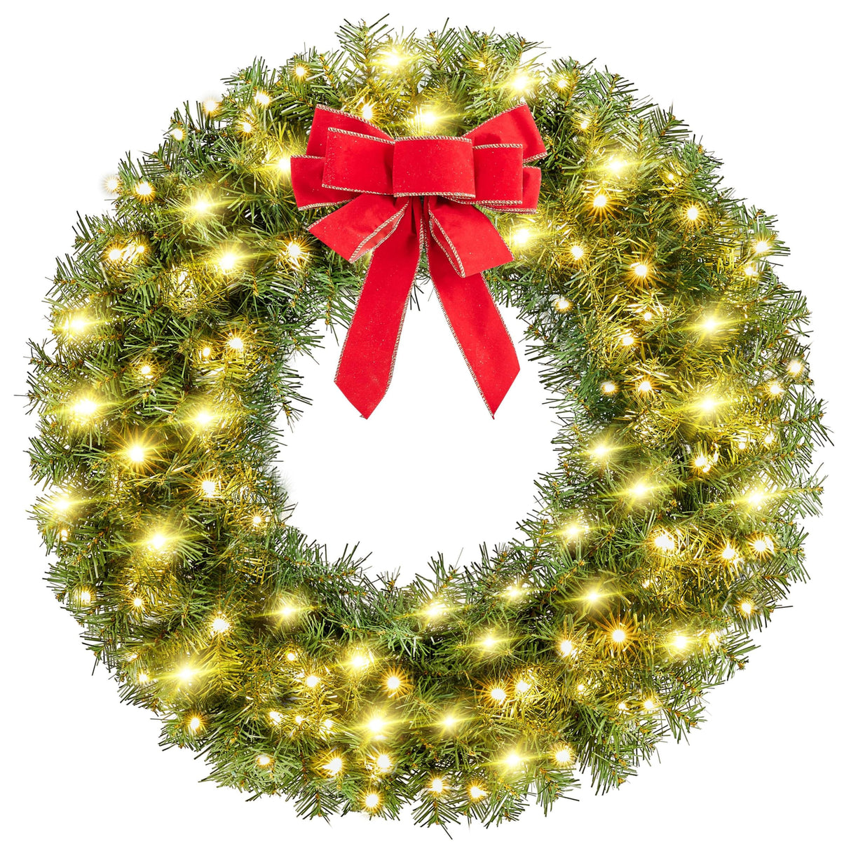 Yaheetech 30in Large Artificial Christmas Wreath, Pre-lit Holiday Accent Decoration with Red Bow, 110 LED Lights & 300 PVC Tips, Metal Structure for Door Wall & Mantel Yaheetech