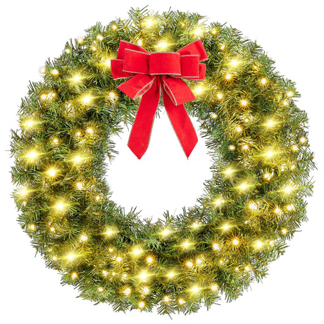 Yaheetech 30in Large Artificial Christmas Wreath, Pre-lit Holiday Accent Decoration with Red Bow, 110 LED Lights & 300 PVC Tips, Metal Structure for Door Wall & Mantel Yaheetech
