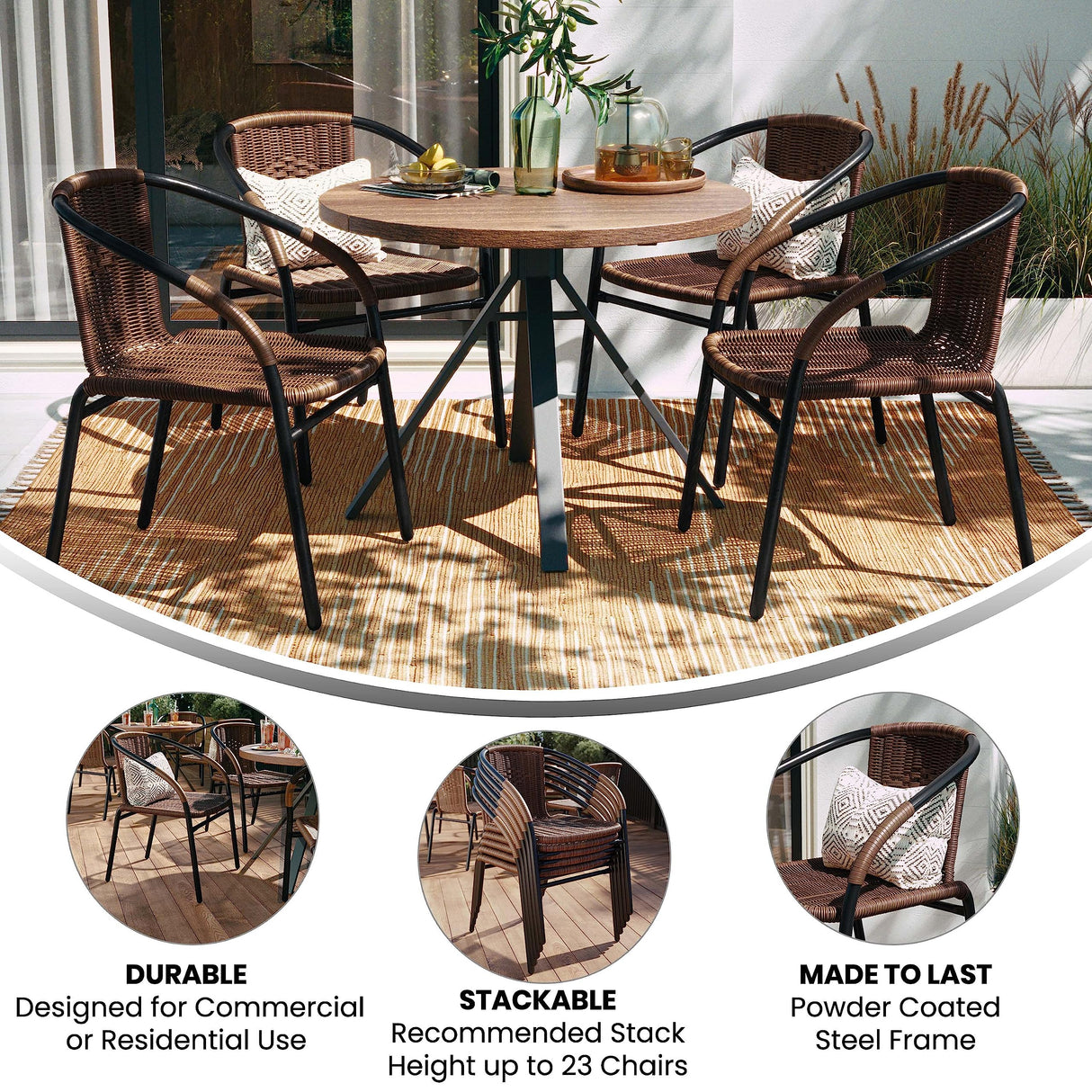 Flash Furniture Lila Modern Rattan Indoor/Outdoor Stackable Dining Chairs, Stacking Rattan Bistro Chairs for Patio or Restaurant, Set of 4, Brown Flash Furniture