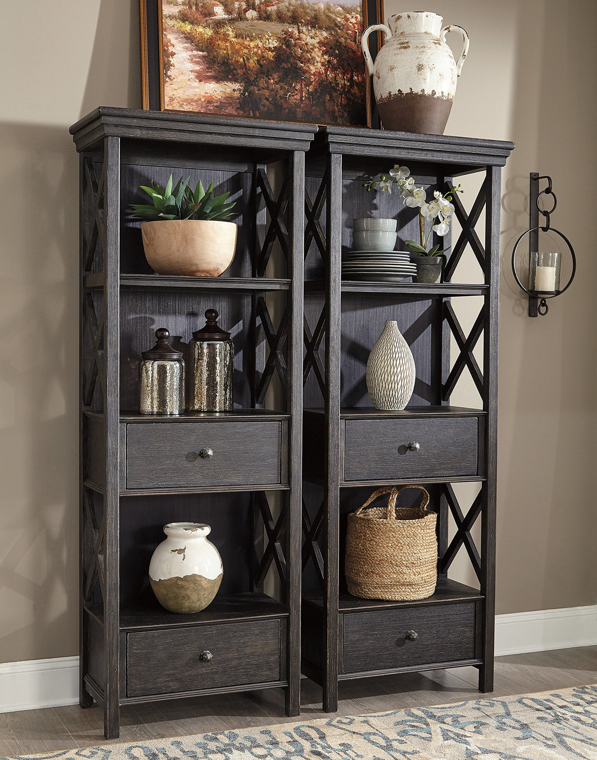 Signature Design by Ashley Tyler Creek Casual Farmhouse 75" Display Cabinet or Bookcase with Drawers and Shelf, Open Lattice Sides, Wood, Gray Black Finish Signature Design by Ashley
