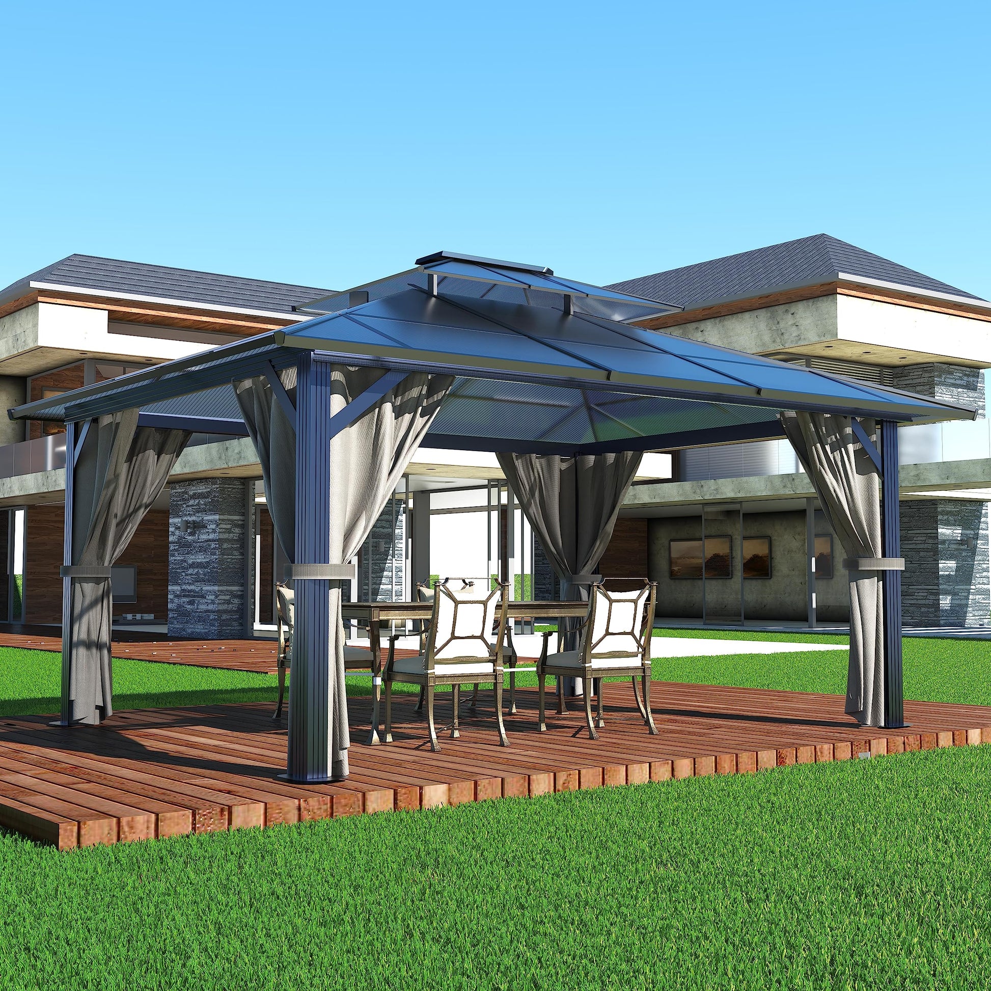 MUPATER Outdoor 10' x 13' Polycarbonate Hardtop Gazebo with Aluminum Frame, Double Roof Canopy, Netting and Curtainsfor Patios, Deck, Lawns, Gardens and Pools - WoodArtSupply