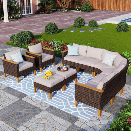 PHI VILLA 10-Piece Outdoor Sectional Half-Moon Curved Furniture Sofa, Wicker Patio Conversation Set for 10 Seats with Cushions for Garden Poolside, Blue PHI VILLA