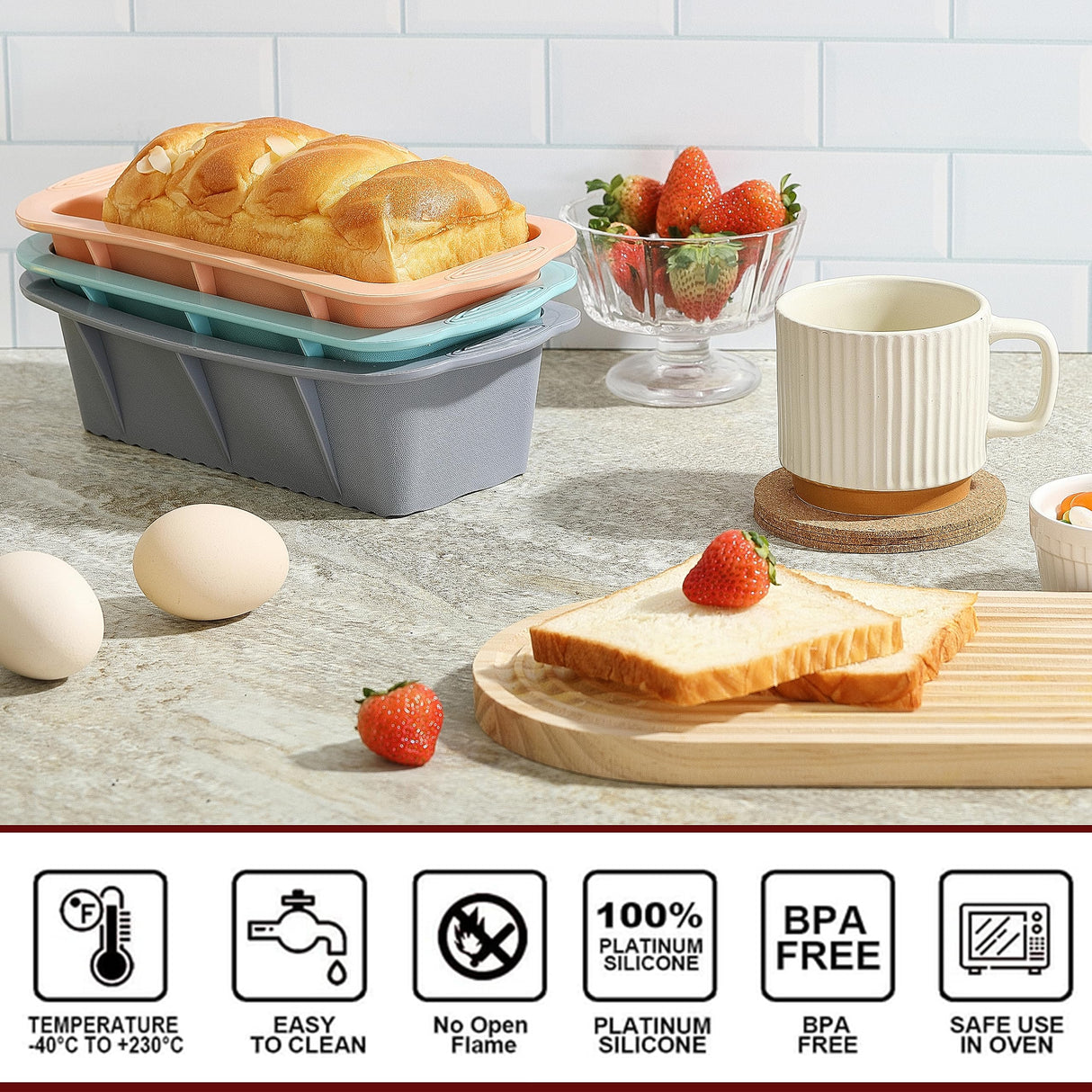 MONGSEW 3PCS Silicone Bread Loaf Pan, Non-Stick Bread Pans for Baking, Easy Release Loaf Pan, Great for Homemade Bread, Cakes, Brownies, Dishwasher Safe (3 Colors, Nesting Design) MONGSEW