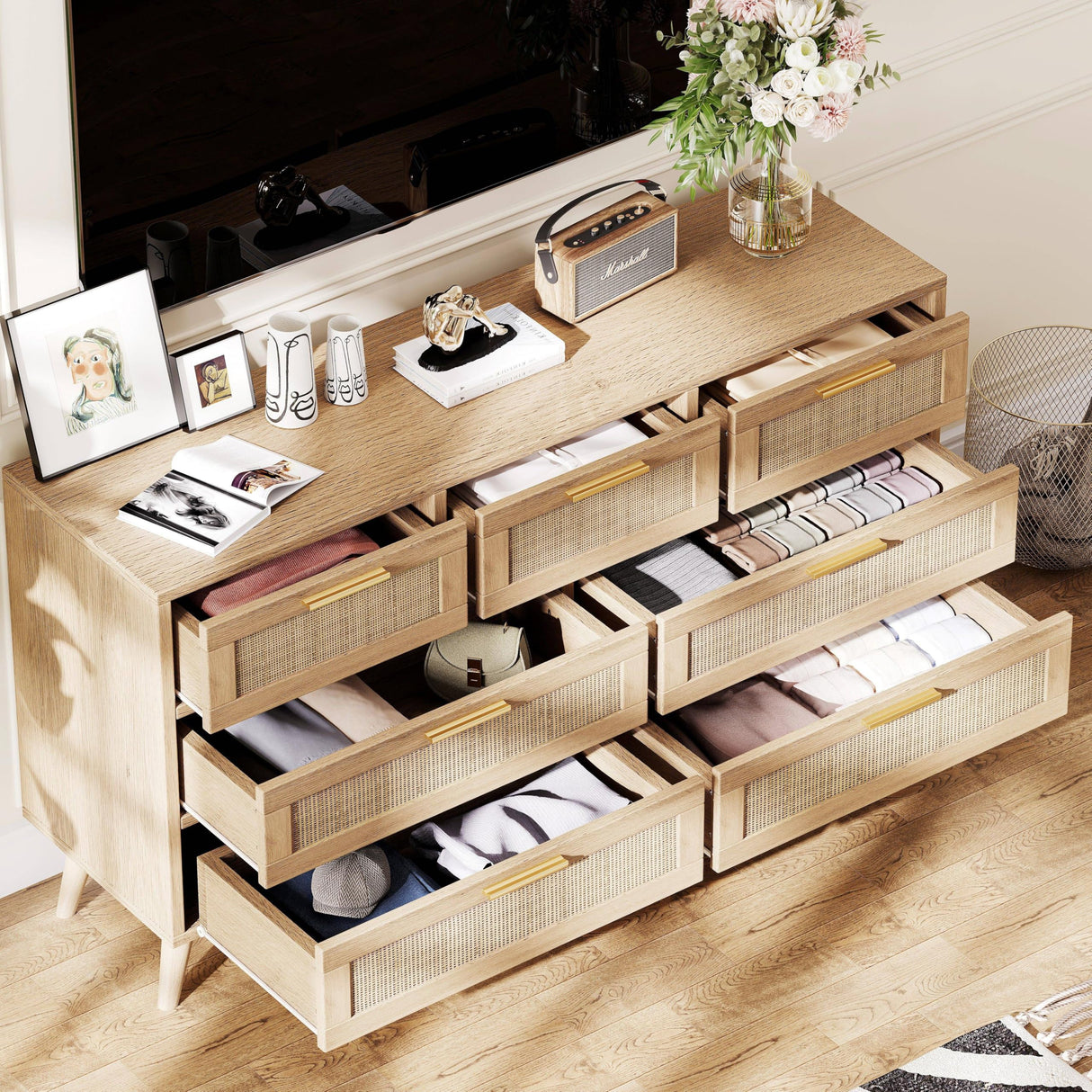 Rovaurx 7 Drawer Double Dresser for Bedroom, Rattan Chest of Dressers, Modern Wooden Dresser Chest with Golden Handles, Beside Table for Closet, Living Room and Entryway, Natural RDG004M Rovaurx
