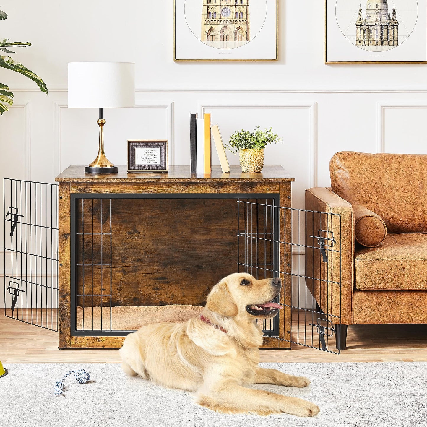 Yaheetech 40'' Dog Crate Furniture with Cushion Wooden Dog Crate with Double Doors/Adjustable Feet Side End Table for Small/Medium Dogs - WoodArtSupply