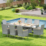 Wisteria Lane Patio Dining Sets for 8, All Weather Rattan Outdoor Table and Chairs with Acacia Wood Tabletop, Patio Dining Furniture with Removable Cushions for Deck Garden, Backyard, Gray Wisteria Lane