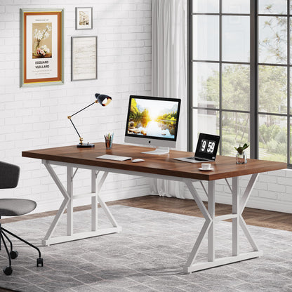 Vagaconl 70.8 Inches Executive Desk, Large Computer Desk, Long Farmhouse Workstation, Simple Desk with K Shaped Metal Legs for Home Office, Brown/White - WoodArtSupply