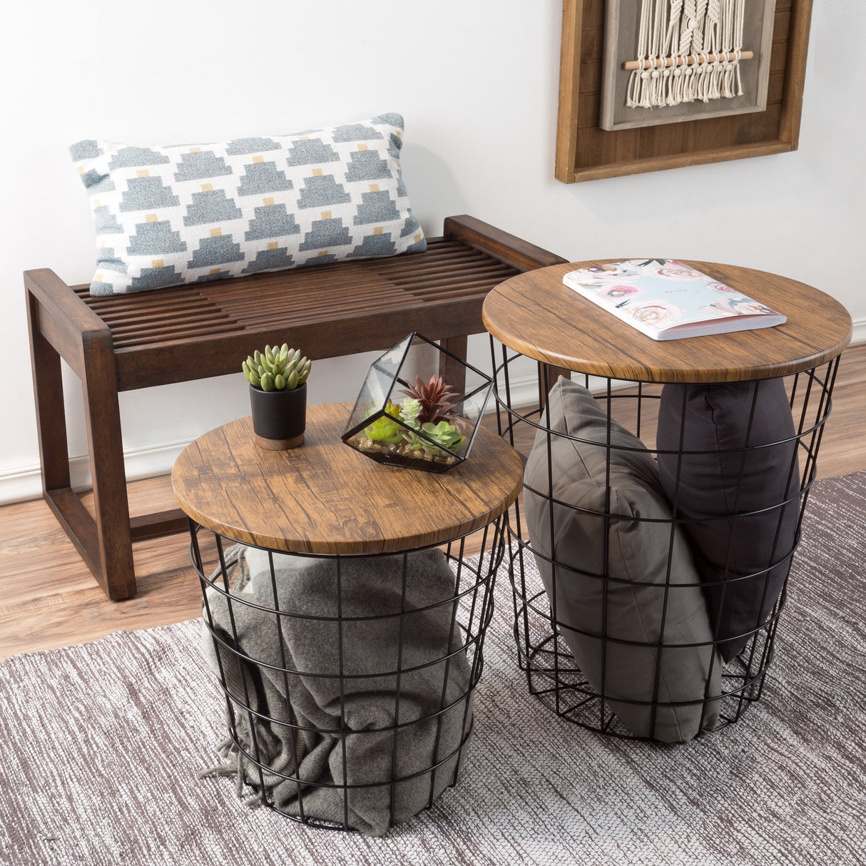 Lavish Home End Tables Set of 2 - Nesting Tables with Removable Wood Tops and Metal Basket Bases for Blanket Storage - Round Side Pieces for Living Room, Bedroom, or Home Office (Brown/Black) Lavish Home