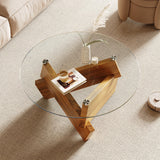 Honyee Modern Round Coffee Table, 30.7" x 30.7" x 16.1" Tempered Glass Top for Living Room, Color: Natural Wood Honyee