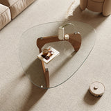 Honyee Morden Coffee Table, Tempered Glass Top Coffee Table with Wooden Legs, 42.5" x 28.5" x 16.1" Triangle Coffee Table for Living Room, Natural Wood Honyee