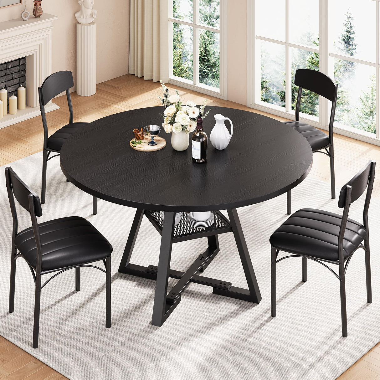 Round Dining Table Set for 4, Kitchen Table and Chairs for 4, Circle Table Round Pedestal Dining Room Dinner Dinette Table Set,5 Piece Space Saving Wood Kitchen & Dining Room Tables (Black, 47In) Jocoevol