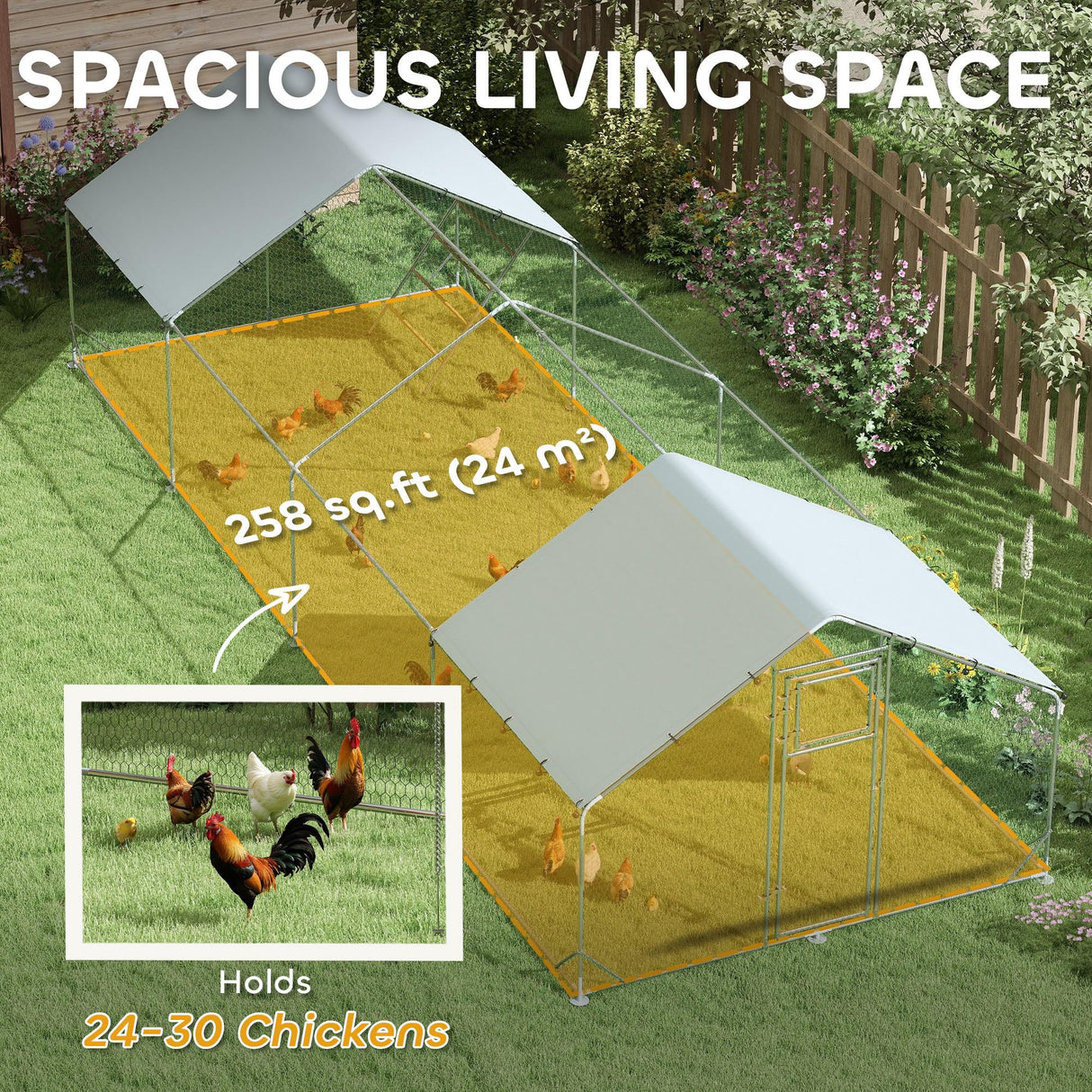 PawHut Chicken Run, Large Metal Chicken Coop w/Waterproof & Anti-UV Cover, Feeding Door, Hanging Feeder, Perch, Walk-in Poultry Cage for Outdoor, Yard, Farm, for 24-30 Chickens, 9.8' x 26.2' x 6.4' PawHut