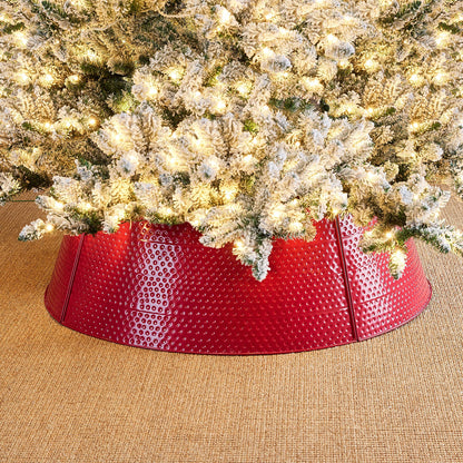 Glitzhome 40.5" D Christmas Red Hammered Metal Tree Collar, Decorative Tree Stand Cover Tree Ring for Christmas Decor