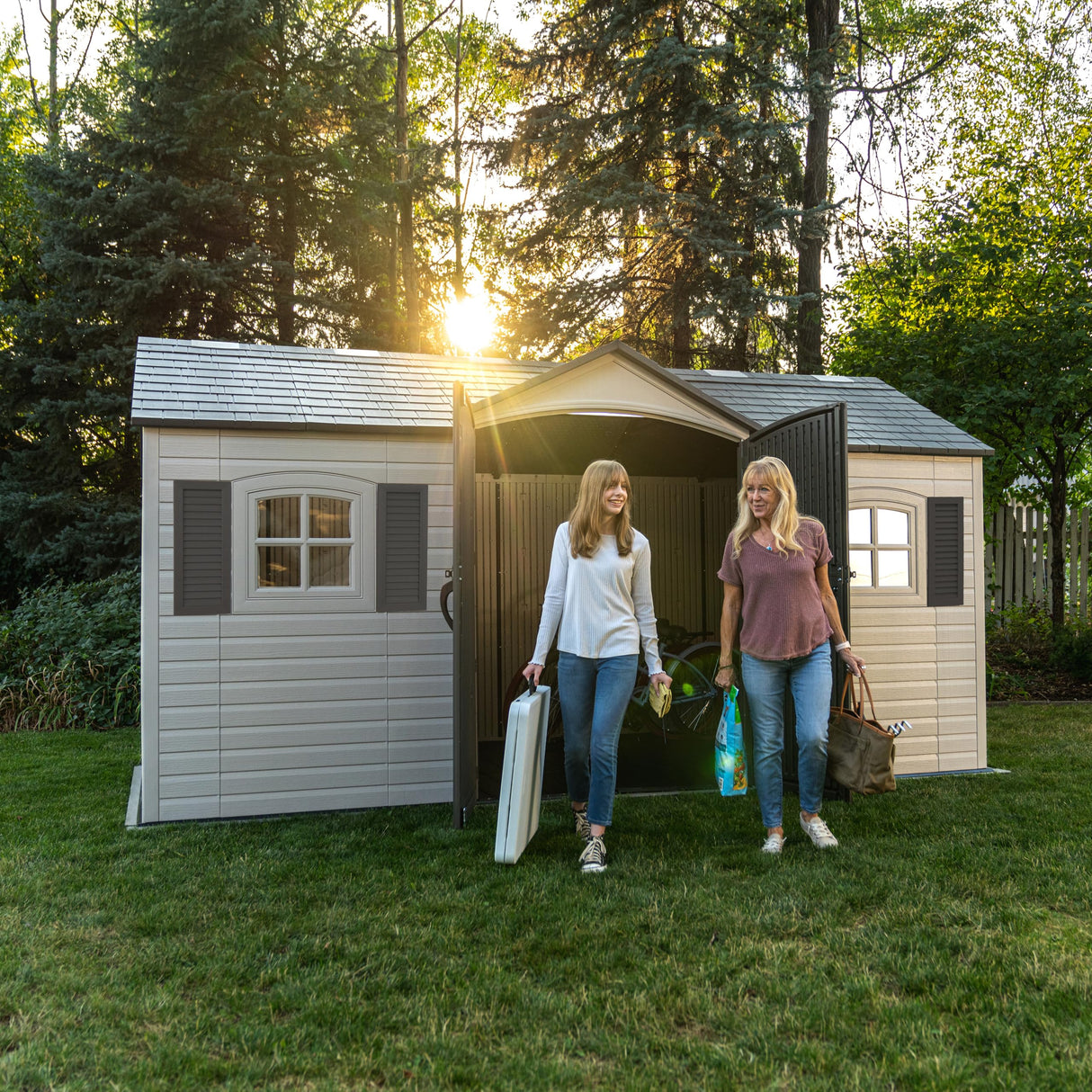 Lifetime Outdoor Storage Shed, 15x8 Ft, Desert Sand, Resin Backyard Tool Shed with Lockable Doors and UV-Protected Panels Lifetime